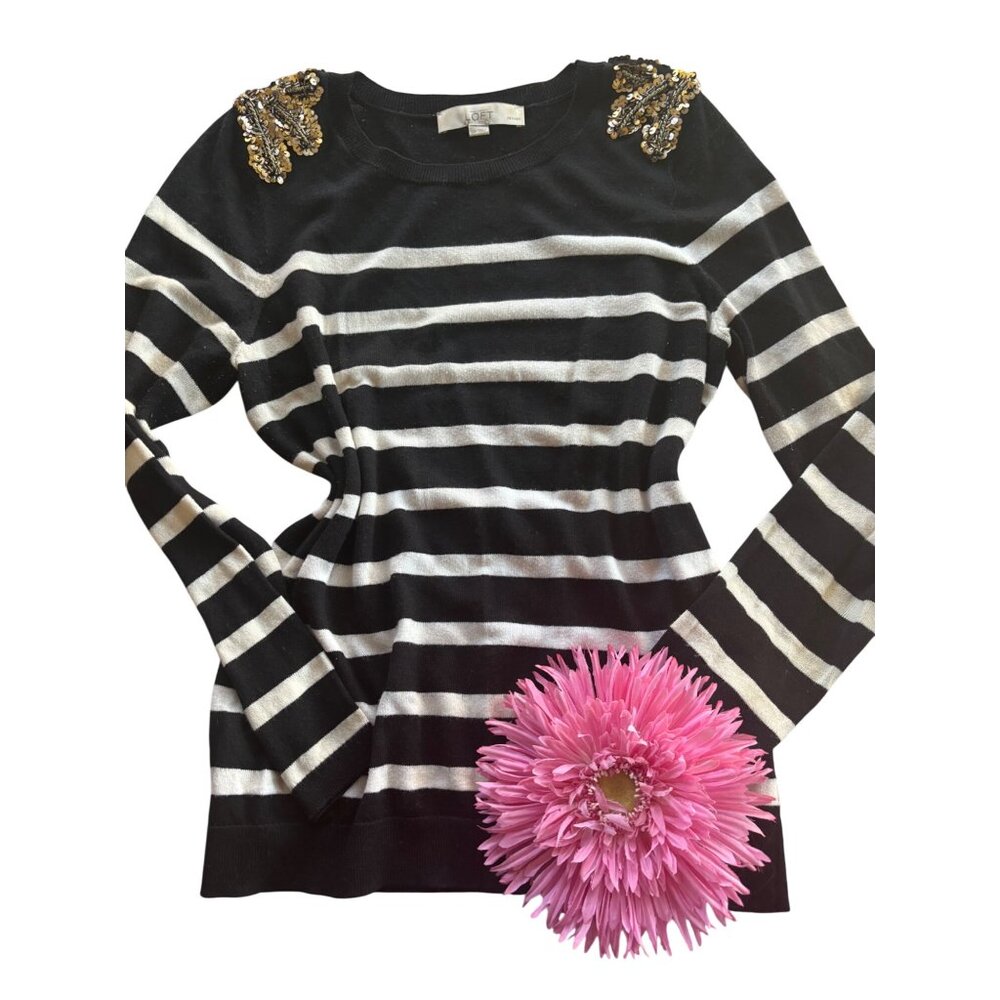 LOFT Womens Striped Sweater With Sequin Shoulders Black/White Size S
